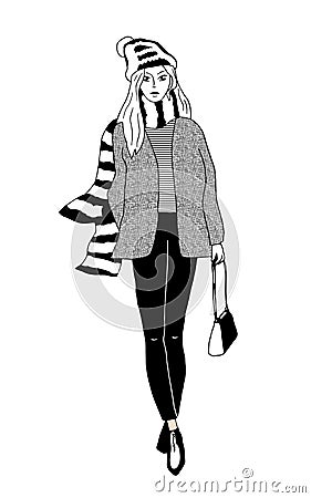 Stylish young girl, winter look. Vector illustration, black and white Vector Illustration