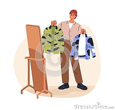 Stylish young man choosing outfit, holding shirts. Fashion stylist deciding what to wear, making choice of apparel Vector Illustration