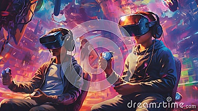 Stylish young wearing virtual reality goggles while standing against futuristic cityscape generative Ai Stock Photo