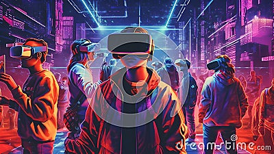 Stylish young wearing virtual reality goggles while standing against futuristic cityscape generative Ai Stock Photo