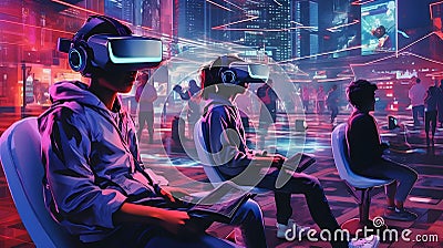 Stylish young wearing virtual reality goggles while standing against futuristic cityscape generative Ai Stock Photo