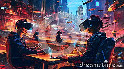 Stylish young wearing virtual reality goggles while standing against futuristic cityscape generative Ai Stock Photo