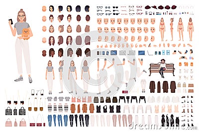 Stylish young woman animation set or constructor kit. Collection of body parts, gestures, trendy clothes and accessories Vector Illustration