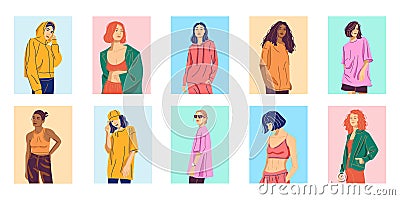 Stylish young women dressed in trendy clothes color concept Vector Illustration