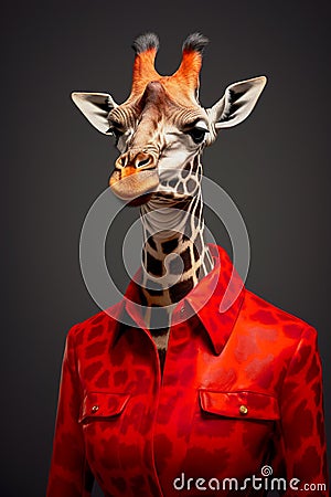Giraffe wearing a red jacket Stock Photo