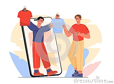 Stylist with clothes. Man on smartphone screen offers choice of two Tshirts to young guy. Aesthetics and elegance Vector Illustration