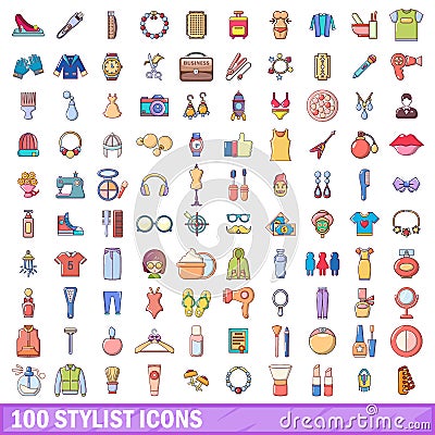 100 stylist icons set, cartoon style Vector Illustration