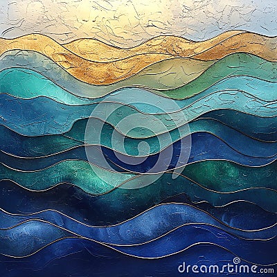 Stylistic textured ocean waves in blue and gold. Stock Photo