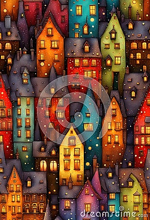 Stylized abstract snowy winter, Christmas decorated fairy fantasy houses background Stock Photo