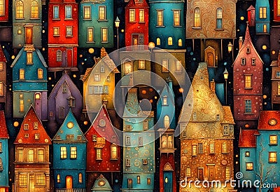 Stylized abstract snowy winter, Christmas decorated fairy fantasy houses background Stock Photo