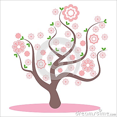 Stylized, abstract spring tree. Flowers on the branches, flowers on the tree. Sakura blossom, pink beautiful flowers, flowering Vector Illustration