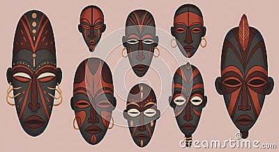 stylized african mask array with flat design and pastel background by you - generated using ai Cartoon Illustration
