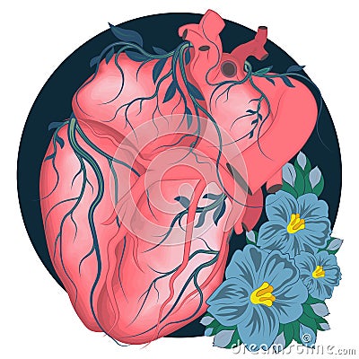 Stylized anatomical Human Heart drawing. Heart with flowers in romantic style Vector Illustration