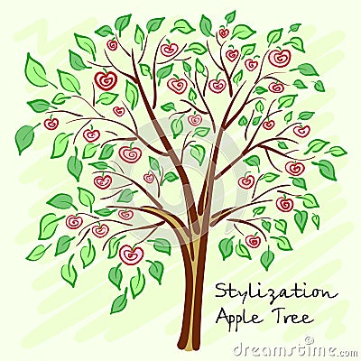 Stylized apple tree with lonely mysterious fruits. Vector Cartoon Illustration