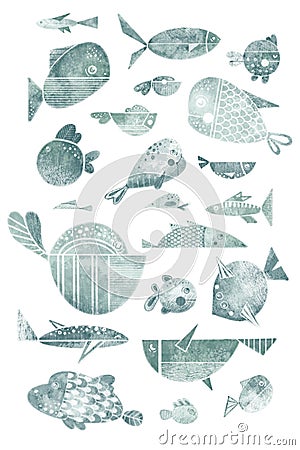 Big set of illustrations of flat style fish with doodle isolated on white background. Stylized artistic collection of Cartoon Illustration