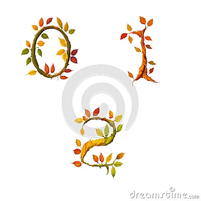 Stylized autumn leaf tree alphabet - digits 0-2 Cartoon Illustration