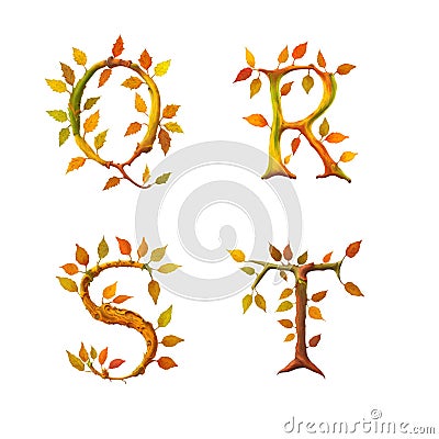 Stylized autumn leaf tree alphabet - letters Q-T Cartoon Illustration