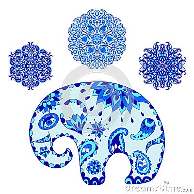 Stylized baby cartoon elephant and mandalas in gzhel style. Stock Photo