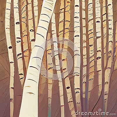 Birch grove pattern. Stylized birch forest. Thick birch thicket. Digital illustration based on render by neural network Cartoon Illustration