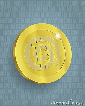 Stylized Bitcoin Illustration on Text Pattern Background Cartoon Illustration