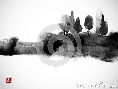 Stylized black ink wash painting with misty forest trees on white background. Traditional oriental ink painting sumi-e Vector Illustration