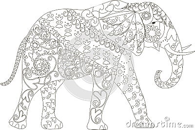 Stylized black and white hand drawn elephant, anti stress Vector Illustration