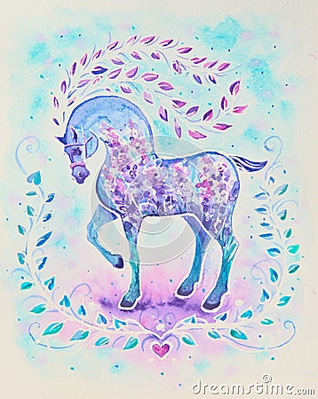 Blue horse watercolors painted. Stock Photo