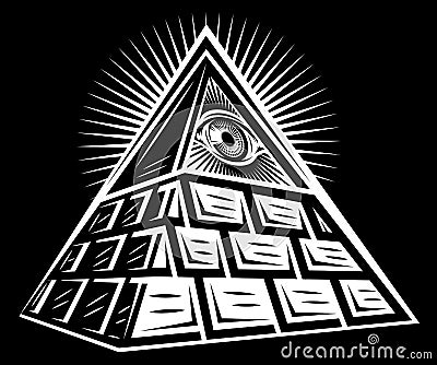 Stylized brick pyramid of Masons with an all-seeing eye. Vector monochrome illustration. Black background Vector Illustration