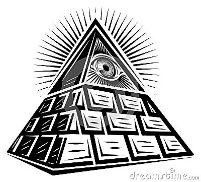 Stylized brick pyramid of Masons with an all-seeing eye. Vector monochrome illustration. White background Vector Illustration