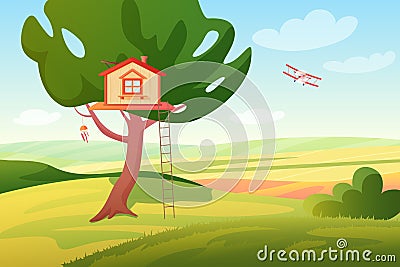 Stylized bright summer rural fields sunny panoramic landscape with a wooden children tree house and ladder, plane Vector Illustration