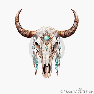 Stylized Bull Skull With Turquoise Jewels: Exotic Realism And Eye-catching Tags Cartoon Illustration