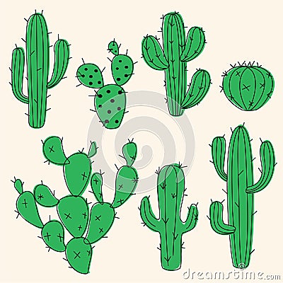 Stylized cactus collection. Vector illustration. Cartoon Illustration