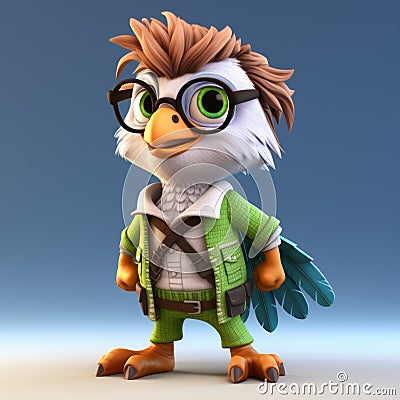 Stylized Cartoon Archaeopteryx Game Character With Glasses Stock Photo