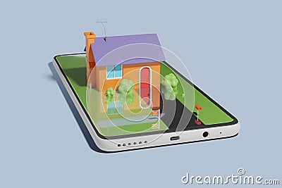 A stylized cartoon house for sale rising up from a mobile phone. Concept of online real estate. Buying and selling home online. Stock Photo