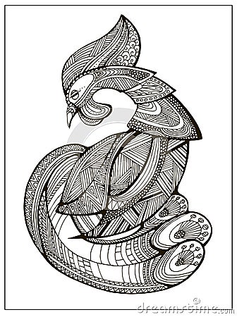 Stylized cartoon rooster or cock. Hand drawn sketch for adult coloring page Stock Photo