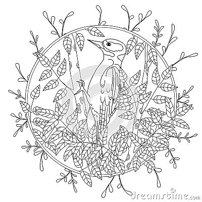 Stylized cartoon woodpecker on tree branch. Hand drawn sketch for adult antistress coloring page Vector Illustration