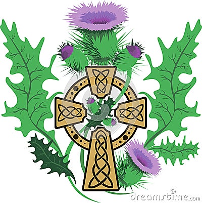 Stylized Celtic cross framed thistle flowers Vector Illustration