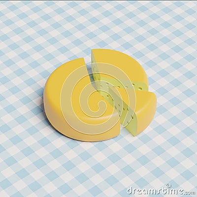 Stylized cheese wheel cut into slices, 3d rendering. Large wheel of swiss cheese on vintage table cloth Stock Photo