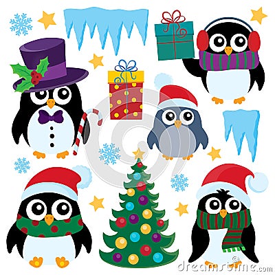 Stylized Christmas penguins set 1 Vector Illustration