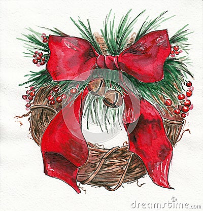Stylized Christmas wreath as a festive attribute. Hand drawn watercolors on paper textures Stock Photo