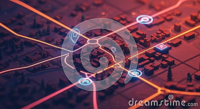 stylized cityscape map with glowing route lines and location markers - generated using ai Stock Photo
