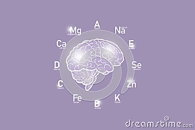 Stylized clockface with essential vitamins and microelements for human health, hand drawn human Brain, lilac background. Stock Photo