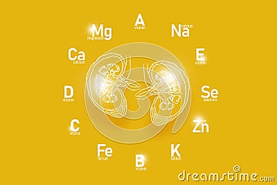 Stylized clockface with essential vitamins and microelements for human health, hand drawn human Kidneys, yellow background. Stock Photo