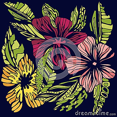 Stylized colored flowers sketch Vector Illustration