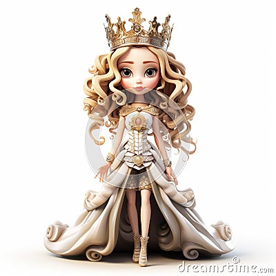 Stylized 3d Doll Drawing: Charming Anime King Costume In Golden Palette Cartoon Illustration