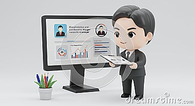 Stylized 3D Render of Businessman Analyzing Data on Computer Screen Cartoon Illustration