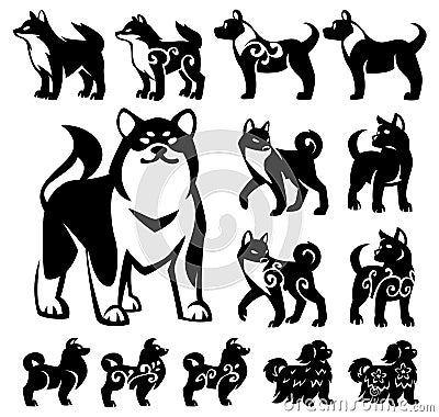 Stylized, decorative illustrations of Chinese and Japanese dogs Vector Illustration