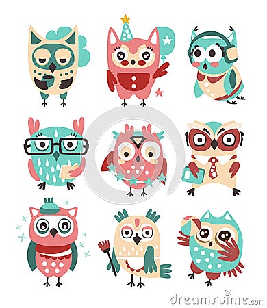 Stylized Design Owls Emoji Stickers Collection Of Cartoon Childish Vector Characters With Funky Elements Vector Illustration