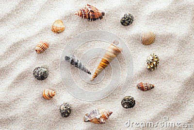 Stylized dial clock for shells on the sand for concentration and relaxation for harmony and balance in pure simplicity Stock Photo