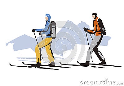 Alpine touring skiers. Vector Illustration